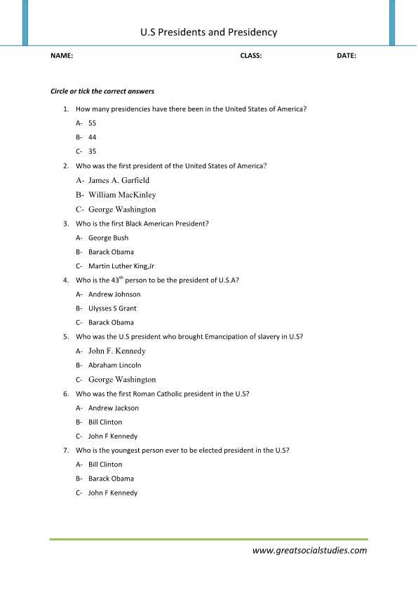 Presidents of United States of America, teacher worksheets GREAT SOCIAL STUDIES